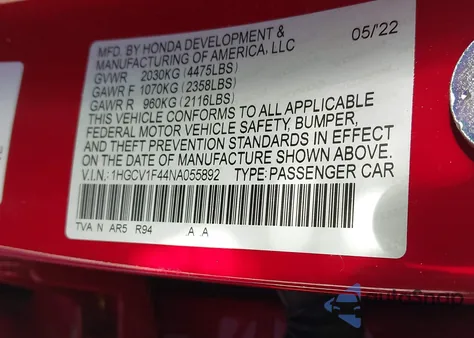 2022 Honda Accord Sport Se из США, поврежденный, VIN 1HGCV1F44NA055892